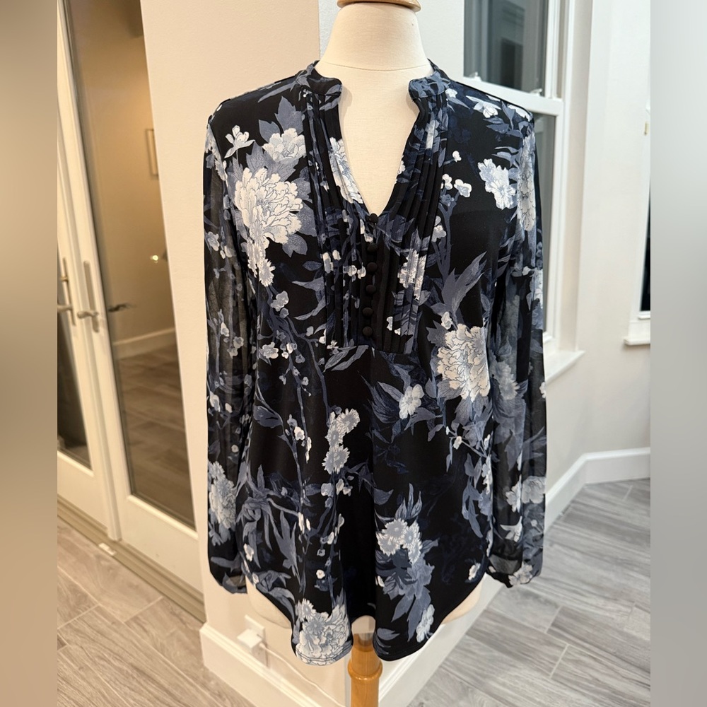 WHBM Floral Blue, Black and White Women's Top size Medium